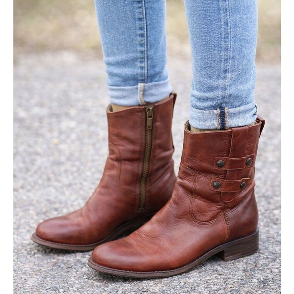 Justin NSL106 Womens 6.5 Cognac Leather Ankle Boots Zip Strap Roper Western‎